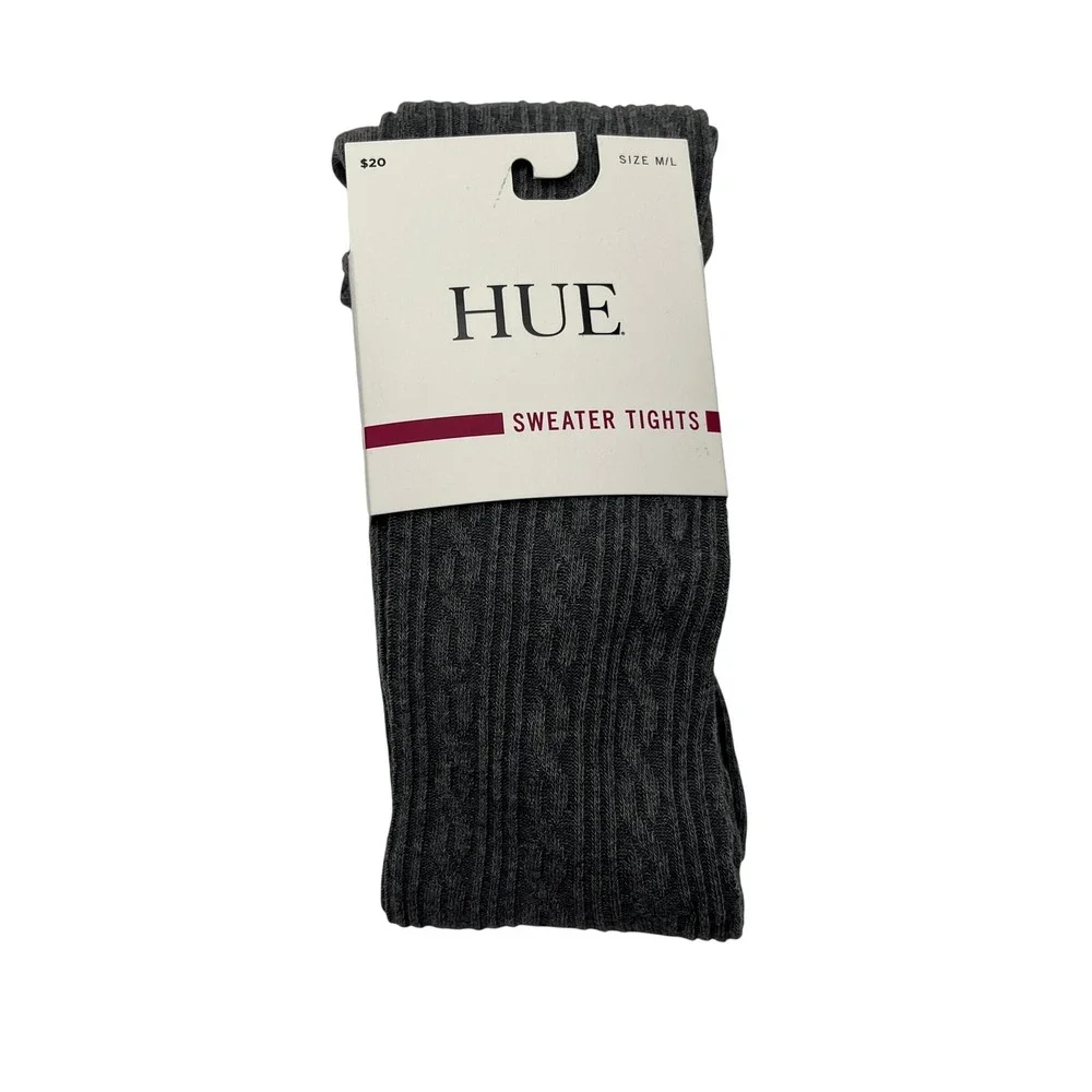 HUE Sweater Tights Womens M/L Charcoal Grey Cable Knit Textured Warm Hosiery